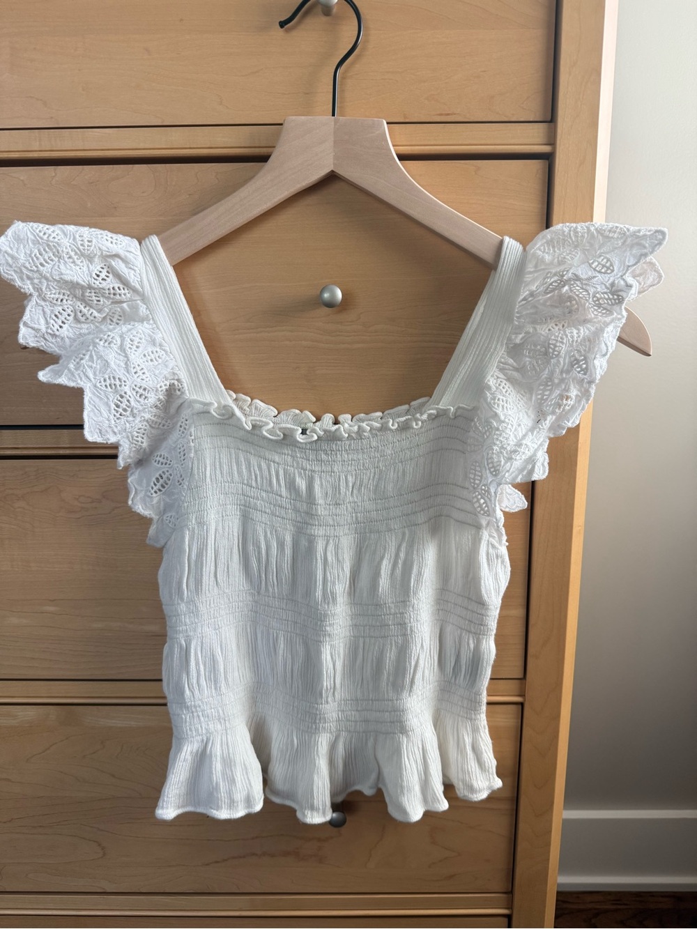Good Luck Gem White Eyelet Ruffle Smocked Camisole Blouse Top